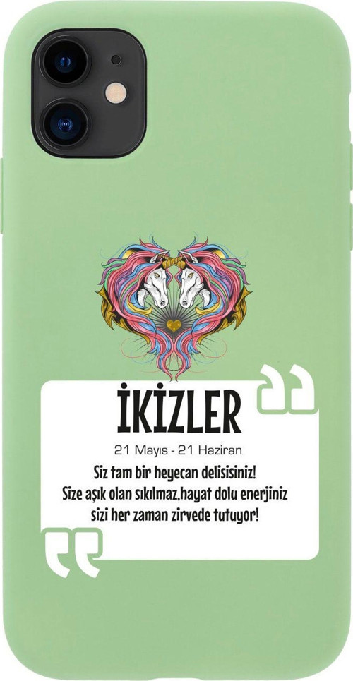 Iphone 11 Ikizler Burcu Tasarımlı Yeşil Telefon Kılıfı