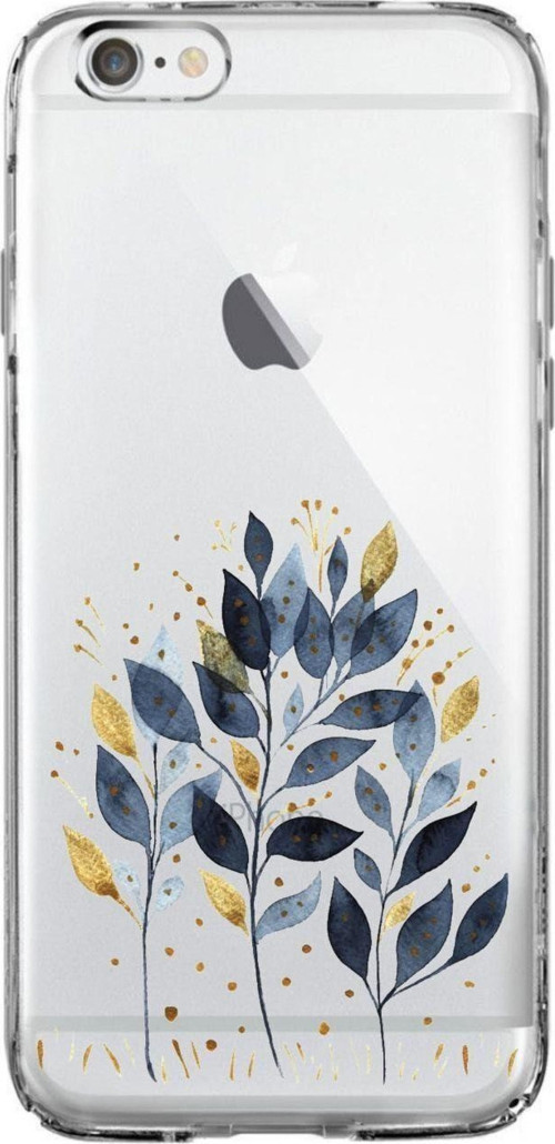 İphone 6S Plus Mavi Yaprak Desenli Şeffaf Silikonlu Kılıf
