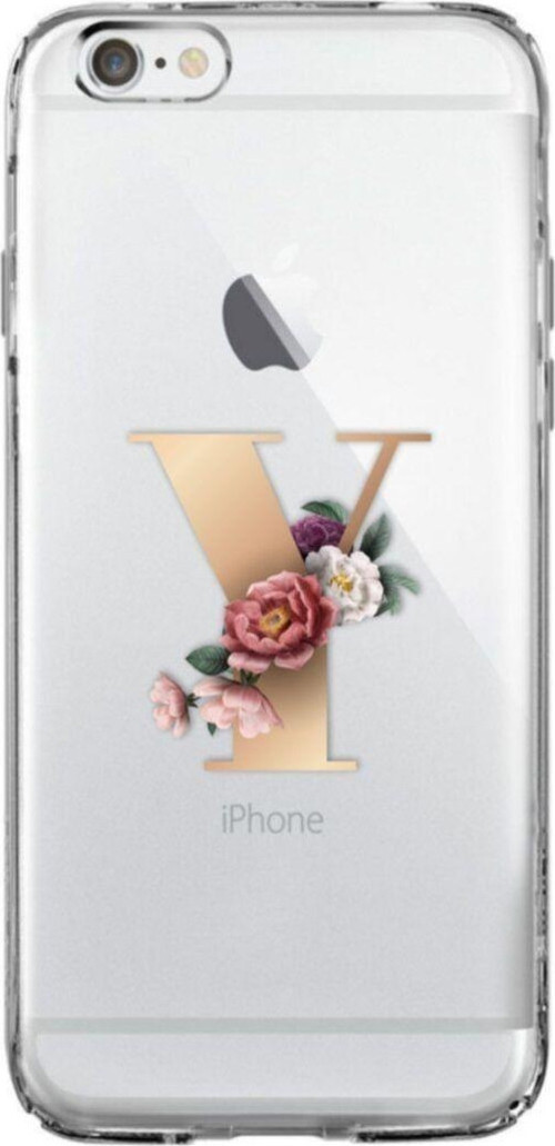 İphone 6 / 6S Şeffaf Kılıf Gold Renkli Çiçekli Y Harfli Desenli