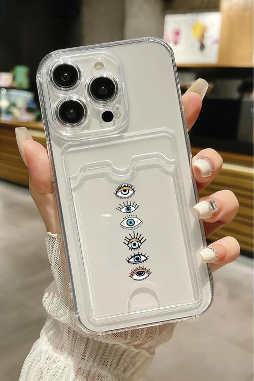 İphone 14 Pro Max Uyumlu Renkli Gözler Desenli Şeffaf Kamera Korumalı Ve Kartlıklı Telefon Kılıfı
