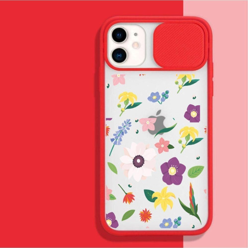 Mor Ve Pembeli Çiçekli Kamera Korumalı Kırmızı Iphone 11 Telefon Kılıfı