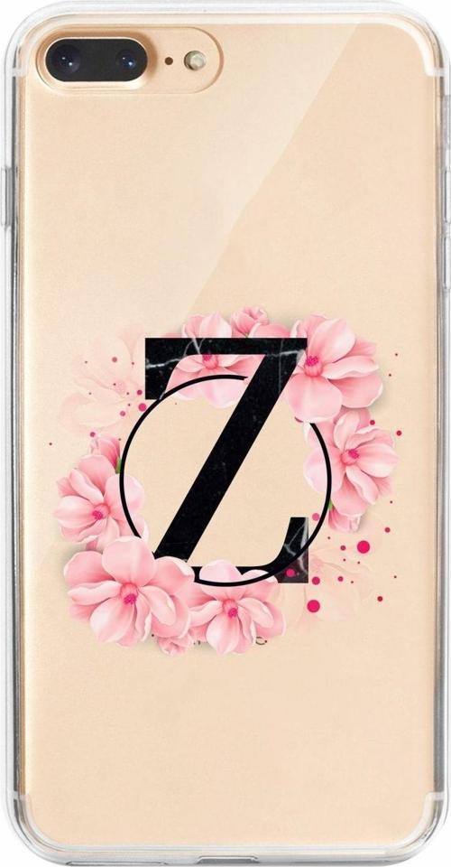 İphone 8 Plus Uyumlu Pembe Çiçek Desen Z Harfli Şeffaf Kılıf