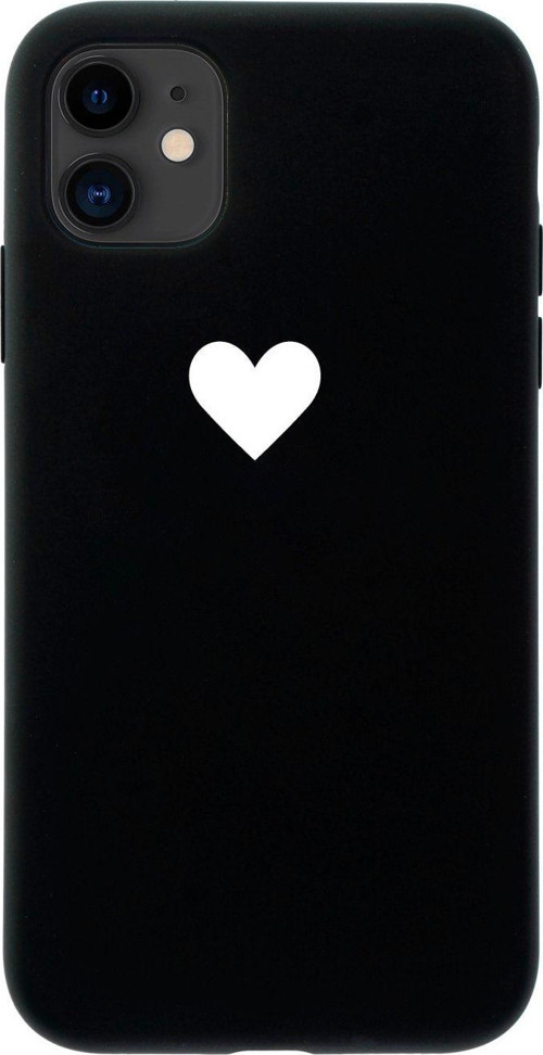 Iphone 11 Tek Kalp Beyaz Tasarımlı Siyah Telefon Kılıfı