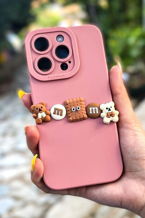 İphone 14 Pro Uyumlu 3D Bisküvi Ve Ayıcık Desenli Silikonlu Telefon Kılıfı