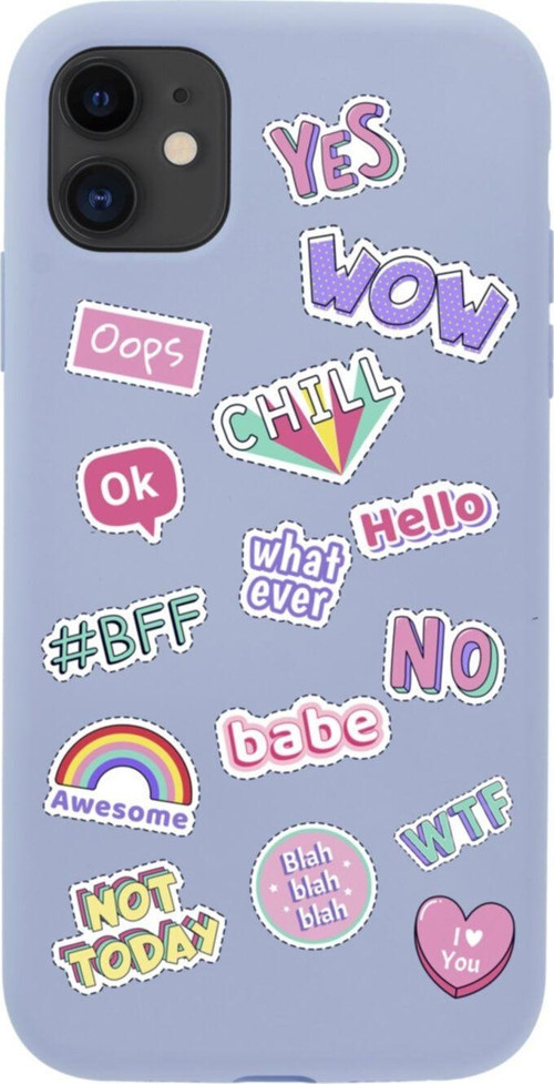 Iphone 11 Stickers Tasarımlı Lila Telefon Kılıfı