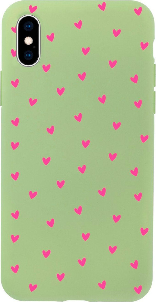 İphone Xs Minik Kalpler Pembe Tasarımlı Yeşil Telefon Kılıfı