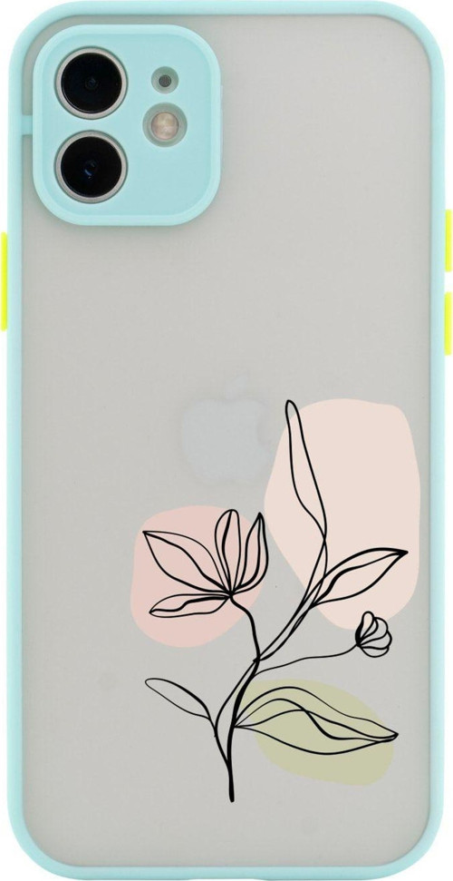 Iphone 11 Uyumlu Lüx Kamera Lens Korumalı Art Pink Flower Desenli Su Yeşili Telefon Kılıfı