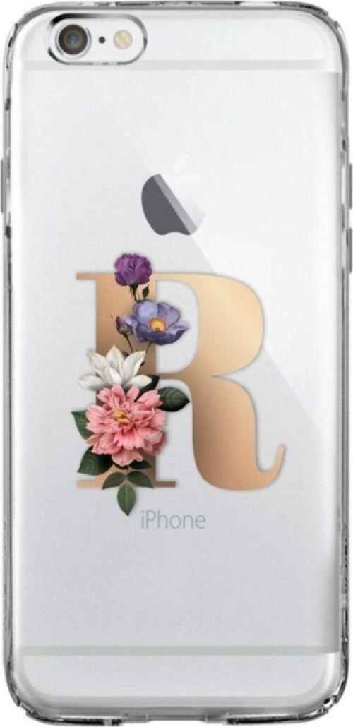İphone 6 / 6S Şeffaf Kılıf Gold Renkli Çiçekli R Harfli Desenli