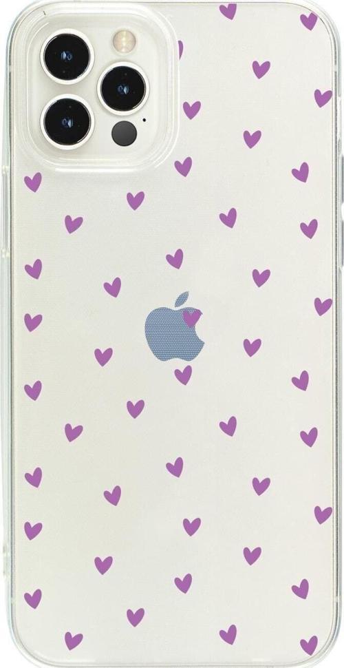 İphone 15 Pro Minik Kalpler Mor Desenli Şeffaf Telefon Kılıfı