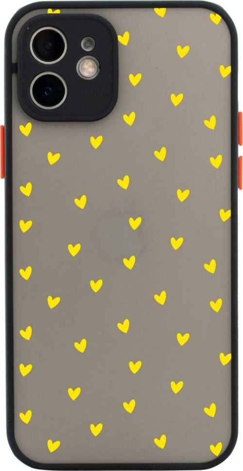 Iphone 11 Lüx Kamera Lens Korumalı Minik Kalpler Sarı Desenli Siyah Telefon Kılıfı
