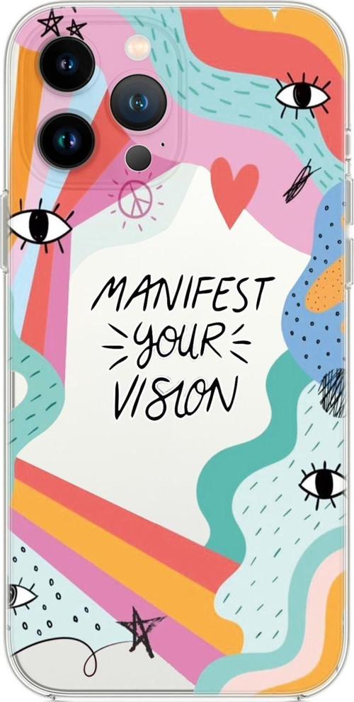 İphone 14 Pro Max Uyumlu Manifest Your Vision Desenli Şeffaf Silikonlu Telefon Kılıfı