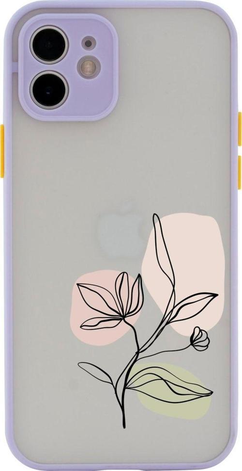 Iphone 11 Lüx Kamera Lens Korumalı Art Pink Flower Desenli Lila Telefon Kılıfı