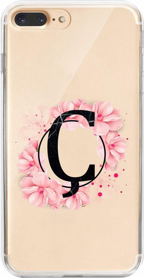 İphone 8 Plus Uyumlu Pembe Çiçek Desen Ç Harfli Şeffaf Kılıf