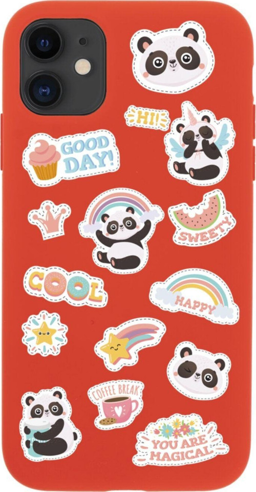 Iphone 11 Sticker Panda Tasarımlı Kırmızı Telefon Kılıfı