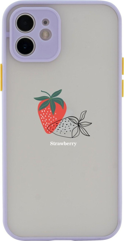 Iphone 11 Lüx Kamera Lens Korumalı Strawberry Tasarımlı Lila Telefon Kılıfı