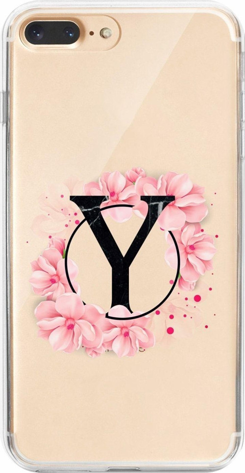 İphone 7 Plus Uyumlu Pembe Çiçek Desen Y Harfli Şeffaf Kılıf