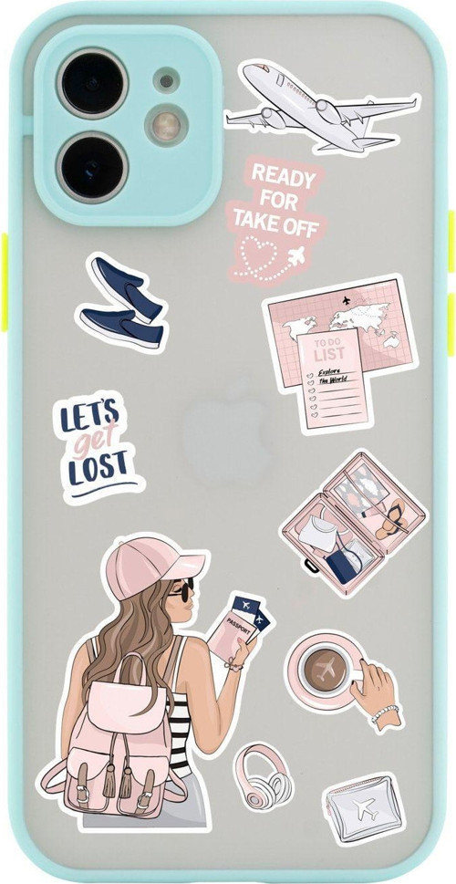 Iphone 11 Lüx Kamera Lens Korumalı Pink Travel Desenli Su Yeşili Telefon Kılıfı