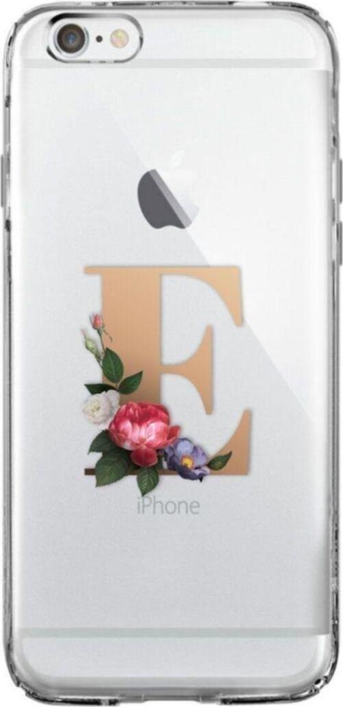 İphone 6 / 6S Şeffaf Kılıf Gold Renkli Çiçekli E Harfli Desenli