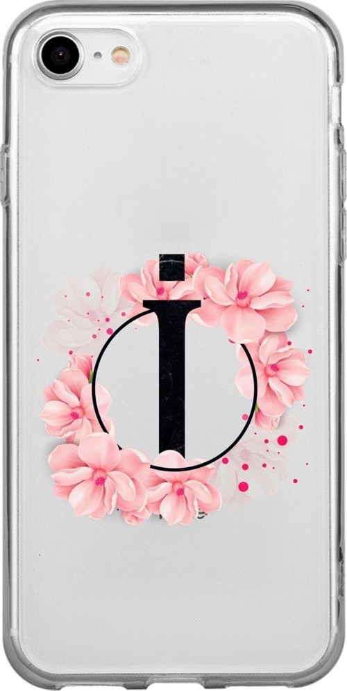 İphone 7 Pembe Çiçek Desen I Harfli Şeffaf Kılıf