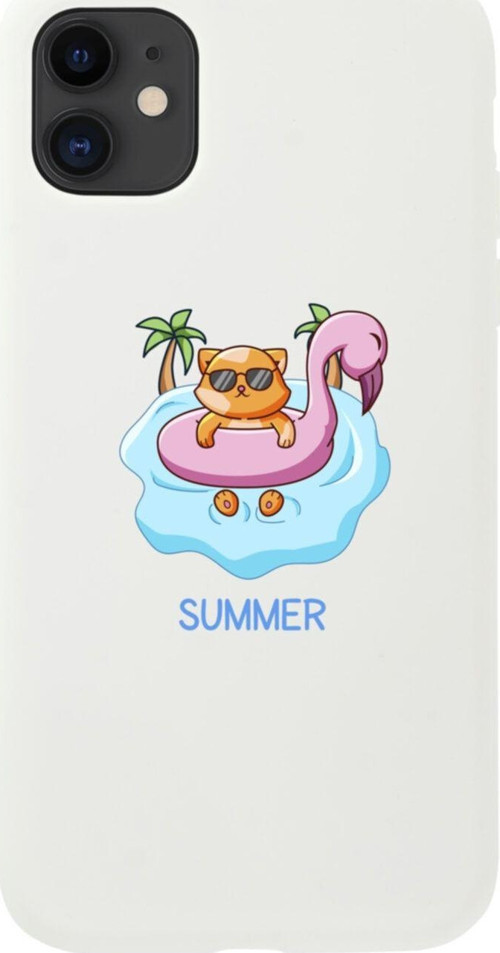 Iphone 11 Summer Cat Tasarımlı Beyaz Telefon Kılıfı