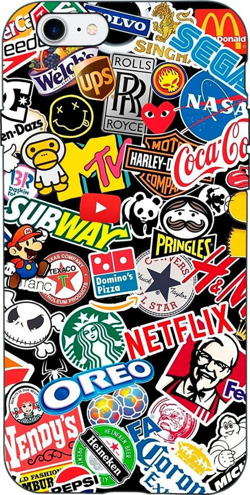İphone 8 Sticker Mix Desenli Tasarımlı Haki Telefon Kılıfı