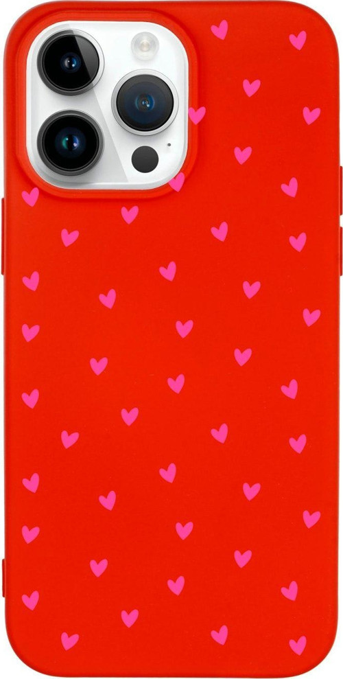 İphone 14 Pro Minik Kalpler Pembe Desenli Lansman Kırmızı Telefon Kılıfı