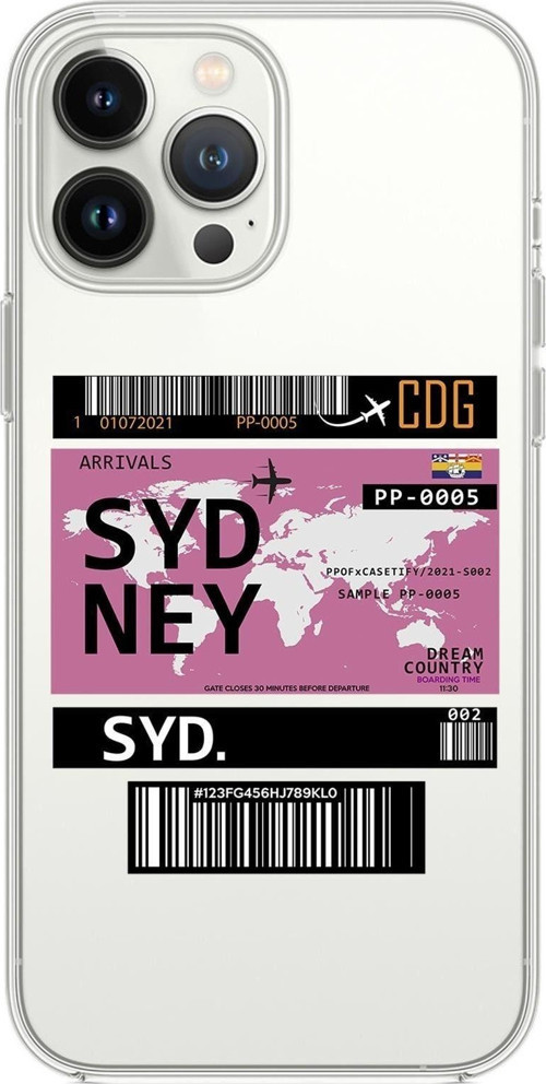 İphone 14 Pro Max Uyumlu Sydney Ticket Desenli Şeffaf Silikonlu Telefon Kılıfı