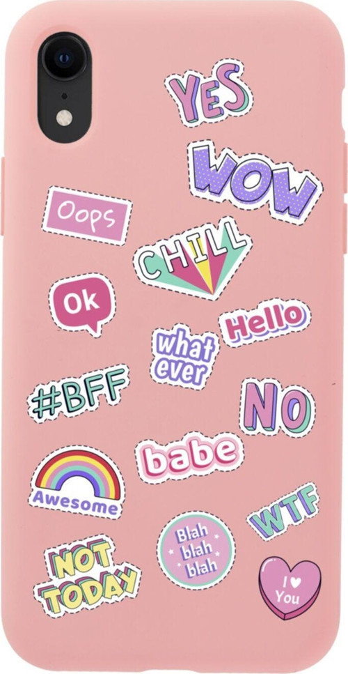 İphone Xr Stickers Tasarımlı Pembe Telefon Kılıfı