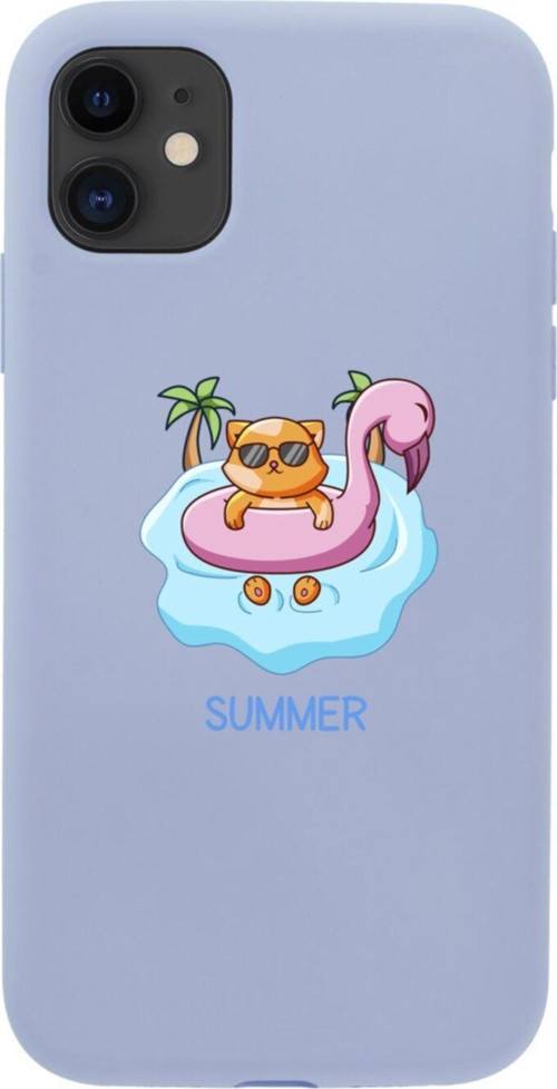 Iphone 11 Summer Cat Tasarımlı Lila Telefon Kılıfı