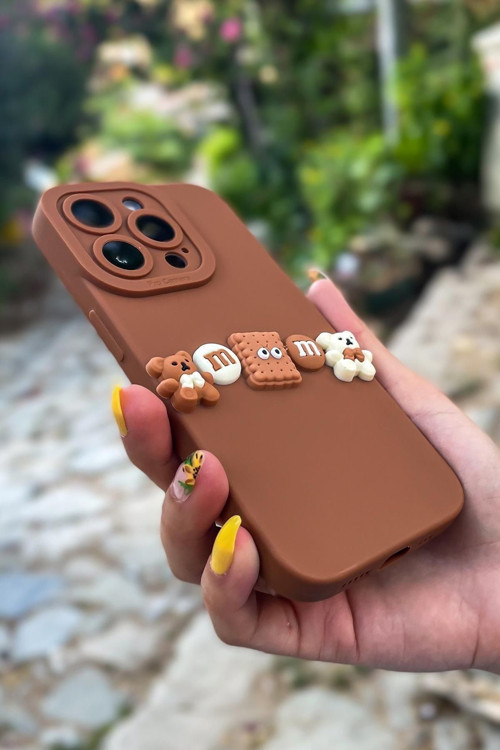 İphone 14 Pro Uyumlu 3D Bisküvi Ve Ayıcık Desenli Silikonlu Telefon Kılıfı