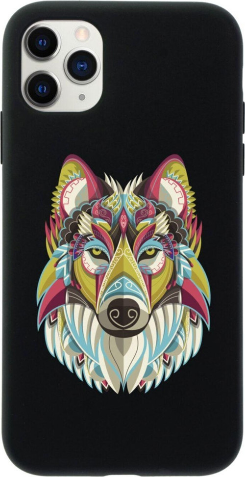 Iphone 11 Pro Colorful Wolf Tasarımlı Siyah Telefon Kılıfı