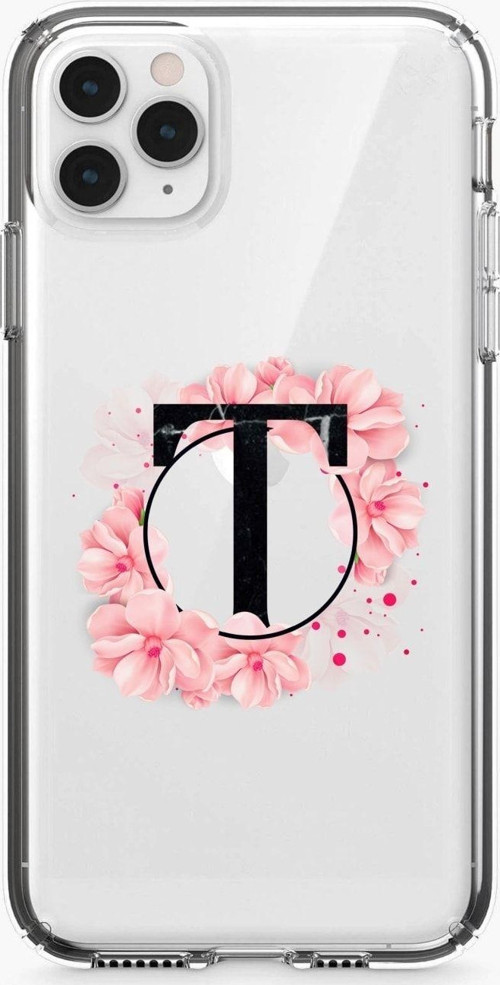 Iphone 11 Pro Max Pembe Çiçek Desen T Harfli Şeffaf Kılıf