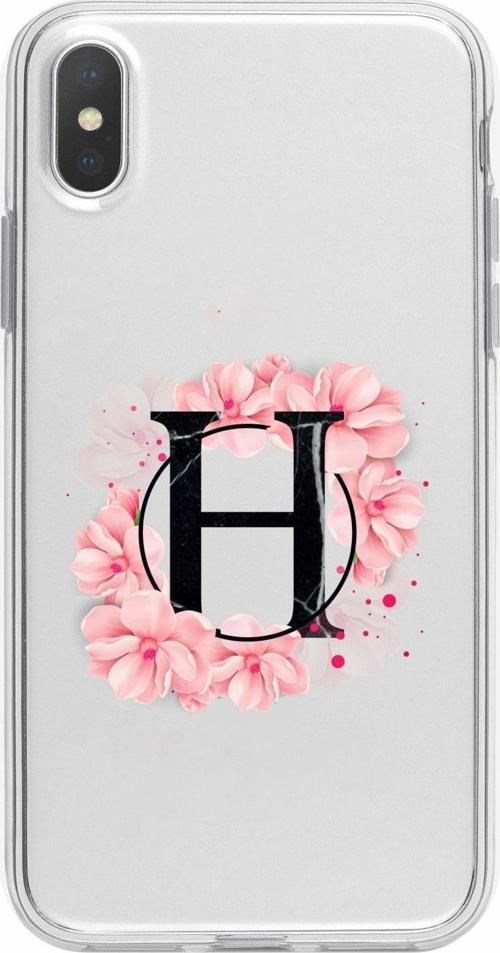 İphone Xs Max Uyumlu Pembe Çiçek Desen H Harfli Şeffaf Kılıf