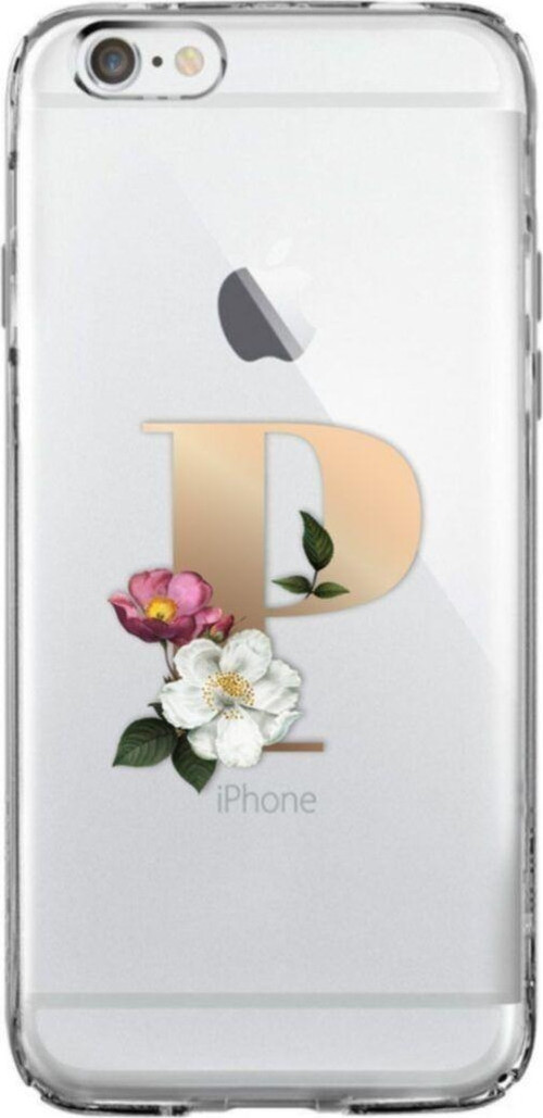 İphone 6 Plus / 6S Plus Şeffaf Kılıf Gold Renkli Çiçekli P Harfli Desenli
