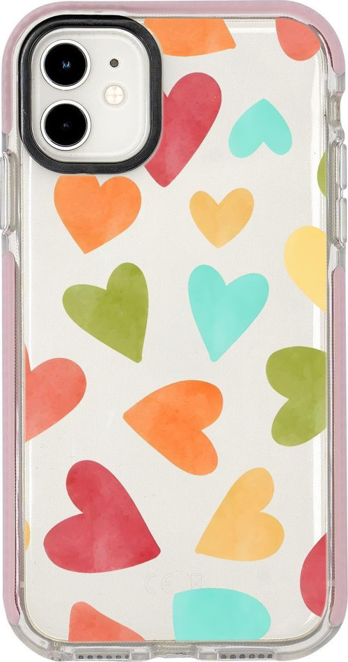 İphone 12 Uyumlu Renkli Kalpler Desenli Candy Bumper Silikonlu Telefon Kılıfı