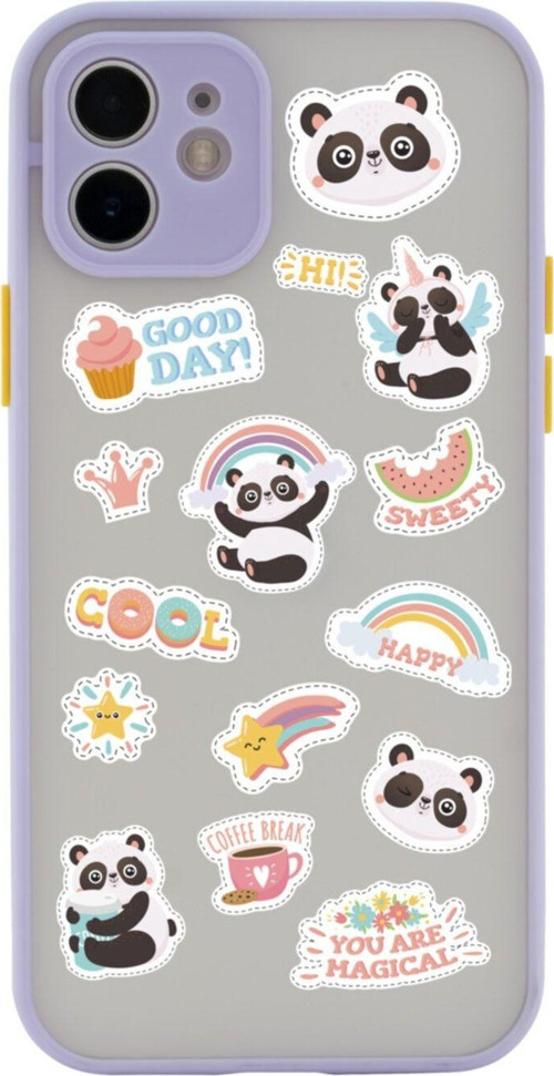 Iphone 11 Lüx Kamera Lens Korumalı Sticker Panda Tasarımlı Lila Telefon Kılıfı