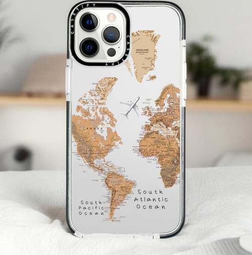 İphone 14 Pro Max Dünya Harita Desenli Casetify Darbe Emci Silikonlu Telefon Kılıfı