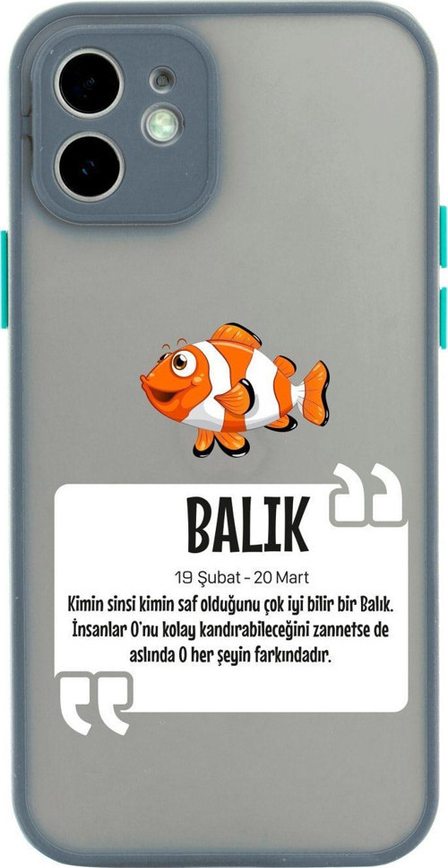 Iphone 11 Lüx Kamera Lens Korumalı Balık Burcu Desenli Gri Telefon Kılıfı