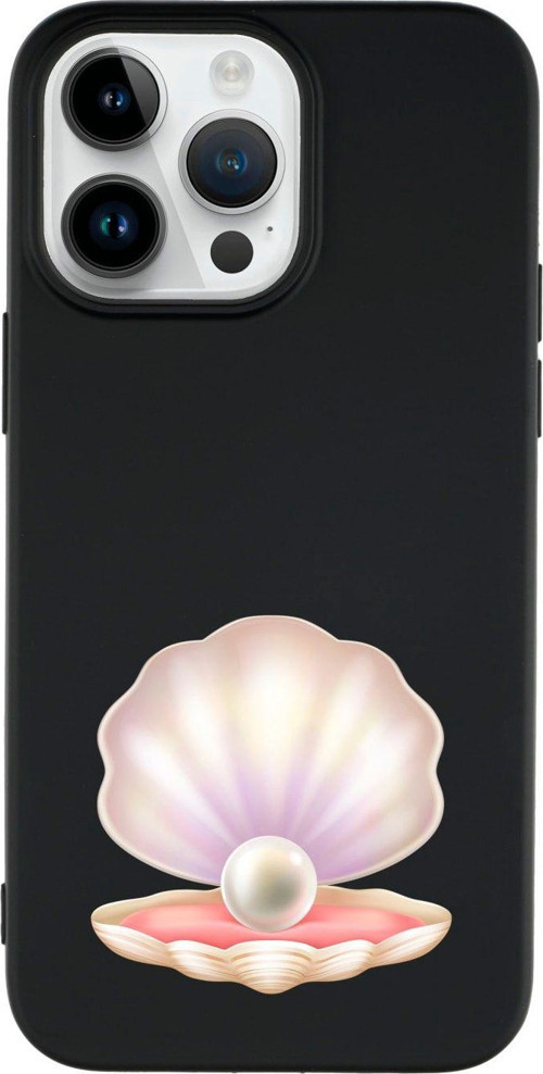 İphone 14 Pro Uyumlu Incili Deniz Kabuğu Desenli Lansman Siyah Telefon Kılıfı