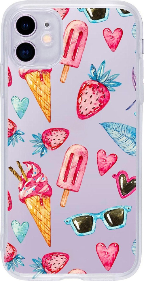 Iphone 11 Uyumlu Summer Çilek Desenli Premium Şeffaf Silikon Kılıf