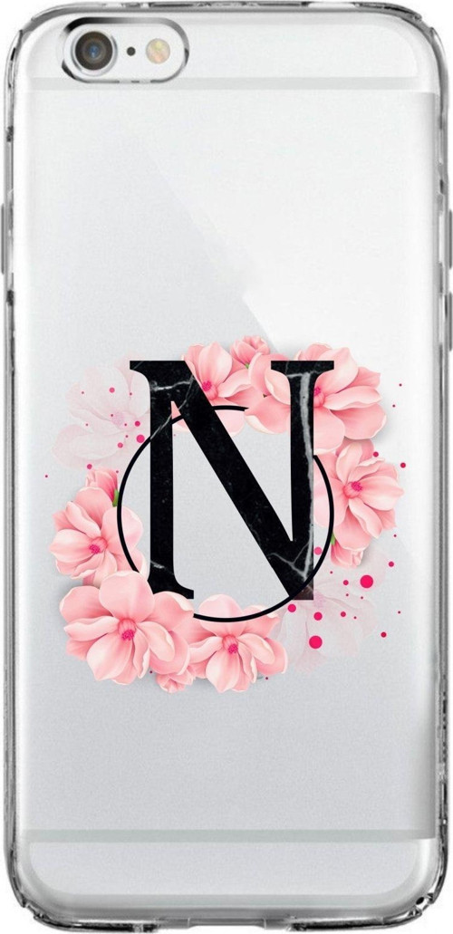 İphone 6 Plus Uyumlu Pembe Çiçek Desen N Harfli Şeffaf Kılıf