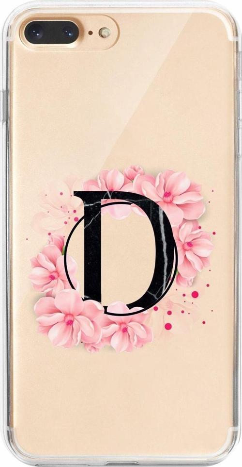 İphone 7 Plus Uyumlu Pembe Çiçek Desen D Harfli Şeffaf Kılıf