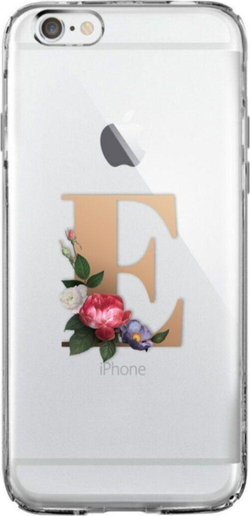 İphone 6 Plus / 6S Plus Şeffaf Kılıf Gold Renkli Çiçekli E Harfli Desenli