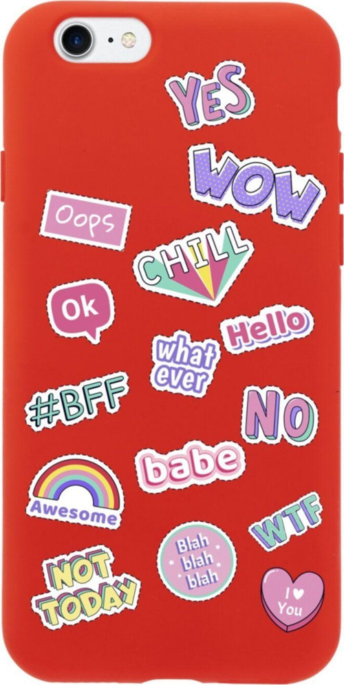 İphone 8 Stickers Tasarımlı Kırmızı Telefon Kılıfı