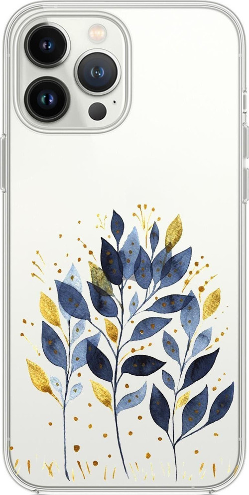 İphone 14 Pro Uyumlu Mavi Yaprak Desenli Şeffaf Silikonlu Telefon Kılıfı