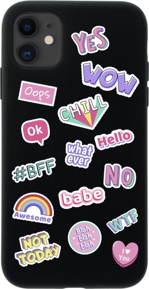 Iphone 11 Stickers Tasarımlı Siyah Telefon Kılıfı