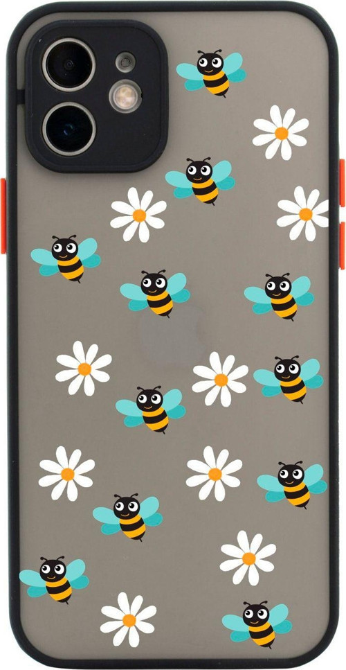 Iphone 11 Uyumlu Kamera Lens Korumalı Bee Etiket Desenli Siyah Telefon Kılıfı