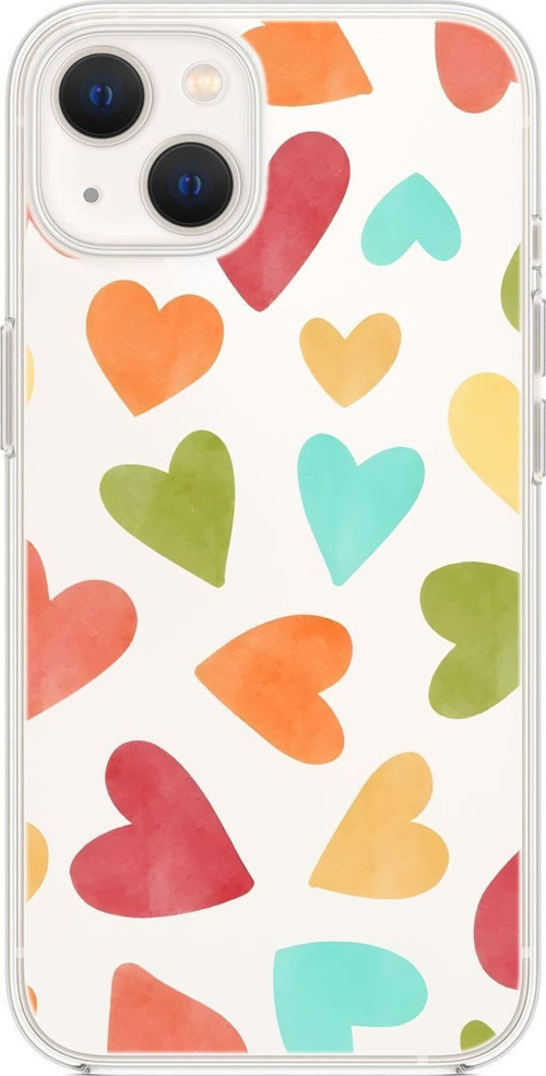 İphone 14 Plus Uyumlu Renkli Kalpler Desenli Premium Şeffaf Silikon Kılıf