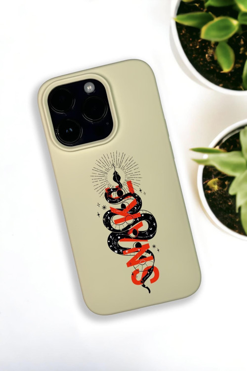 İphone 14 Pro Max Uyumlu Snake Desenli Premium Silikonlu Krem Lansman Telefon Kılıfı