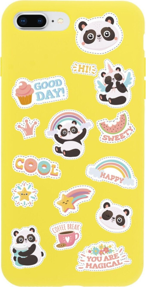 İphone 8 Plus Sticker Panda Tasarımlı Sarı Telefon Kılıfı